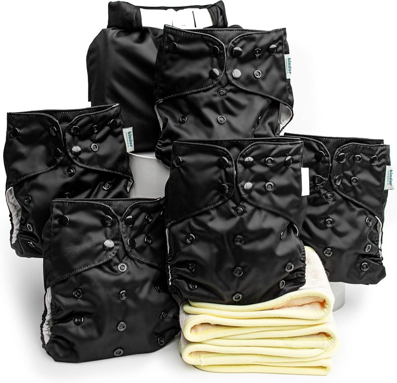 Kinder Cloth Diapers Set of 5 Reusable Baby Diapers Pocket Style Athletic Wicking Jersey, Bamboo Viscose Inserts, Wet Bag, Newborn to Potty Training 7-60lbs, One Size (Midnight) - Image 1